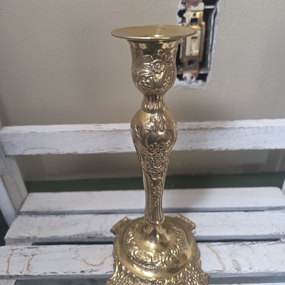 Ornate Heavy Brass 9" Taper Candle Stick Holder Cast Scroll Floral Hollywood